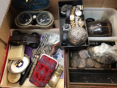 Lot 1138 - Wristwatches, white metal circular pot, opera and field glasses, various coins and sundries