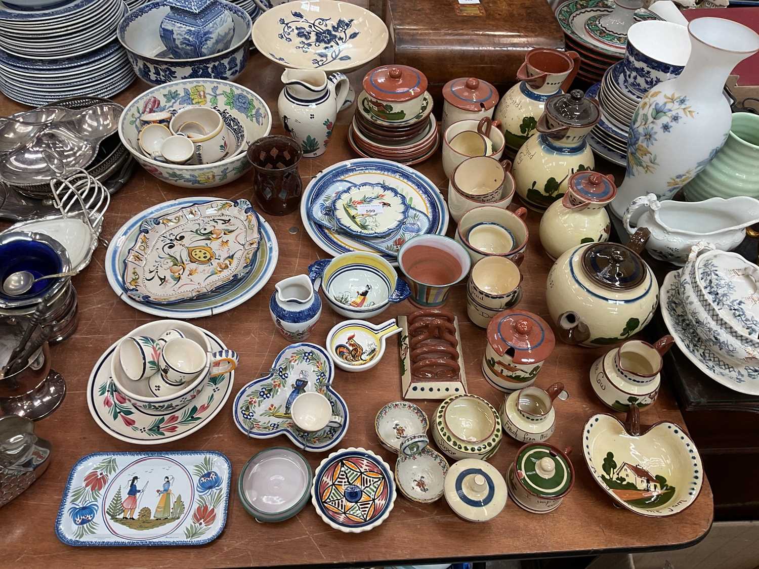 Lot 599 - Collection of Torquay ware, Quimper and other fiancé glazed pottery.