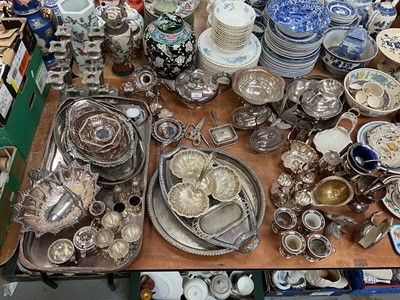 Lot 600 - Collection of silver plated ware to include gallery tray, egg cruet, candlabra and other items.