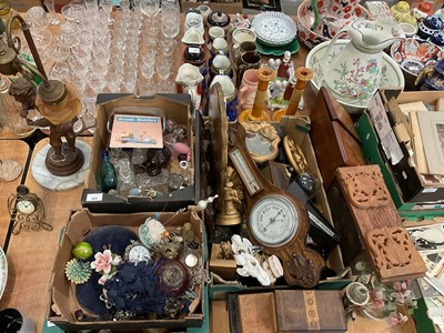 Lot 602 - Collection of scent bottles, carved book slide, oak barometer and sundry items.