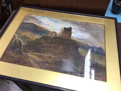 Lot 367 - 19th century watercolour of ruins on a hill, signed J. Johnson, 33cm x 24cm