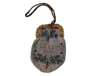 Lot 2158 - Antique microbead sovereign purse with gilt frame, beading contains name Hortence Lerei and dated 1833, also bird tree and flowers. Tapestry handbag Victorian velvet bag with metal beads.  Small ea...