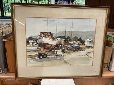 Lot 620 - Contemporary watercolour study of a boat yard, in glazed frame