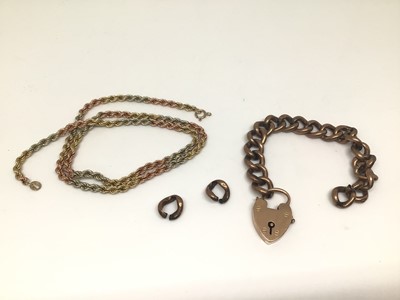 Lot 1144 - 9ct rose gold curb link bracelet (broken) with padlock clasp and a three colour 9ct gold rope twist chain (broken)