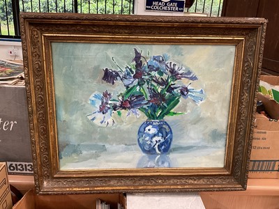 Lot 321 - Oil on canvas study of cornflowers in a vase, mounted in gilt frame.