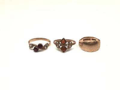 Lot 1152 - Two 9ct rose gold garent and seed pearl rings and one other 9ct rose gold signet ring (3)