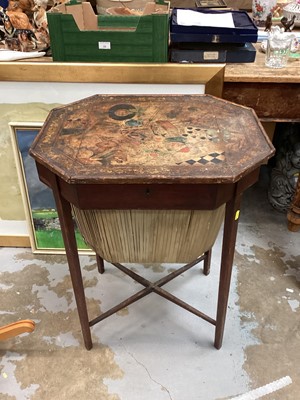 Lot 1492 - 19th century needlework table with decorative top, hinged lid and needlework basket below on square taper legs joined by x frame stretchers