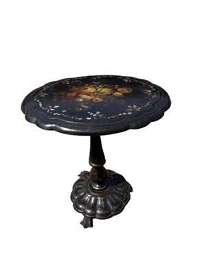 Lot 2 - Victorian papier mache occasional table with shaped top painted with flowers, on bulbous column and shaped base