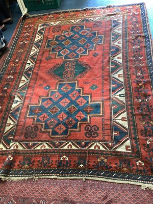 Lot 1502 - Eastern rug with central medallions on red, blue, green and white ground, 257cm x 195cm