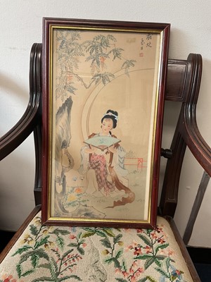 Lot 641 - 19th century watercolour portrait of a young girl playing her Harp, together with a pair of stained glass panels and a Japanese print.