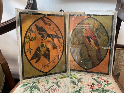 Lot 641 - 19th century watercolour portrait of a young girl playing her Harp, together with a pair of stained glass panels and a Japanese print.