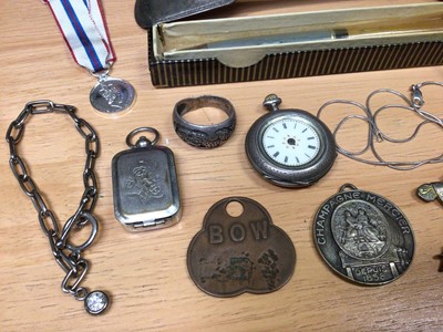 Lot 33 - Georgian silver tablespoon, one other plated spoon, silver cased fob watch, collection of winding keys, silver bangle, silver ring, other jewellery, badges and bijouterie