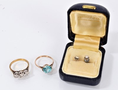 Lot 700 - Three stone diamond ring, pair of diamond stud earrings, another ring