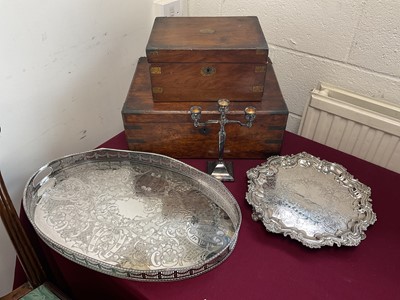 Lot 387 - Oak cutlery canteen (empty), mahogany writing slope, silver plated salver, gallery tray and candlabra.