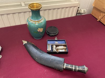 Lot 389 - Japanese cloissone vase on hardwood stand, together with an old Gurkha kukri and a Wilkinson razor.