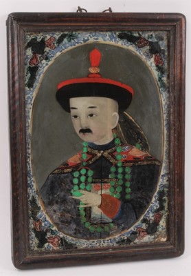 Lot 983 - 19th century Chinese reverse portrait on glass of a nobleman with a jade necklace, in wooden frame