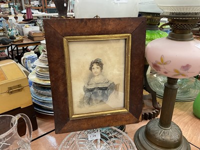 Lot 651 - 19th century watercolour portrait of an old lady seated, in a burr walnut frame.