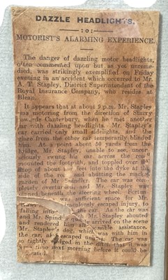 Lot 19 - Early motoring interest - 1920's photographs, newspaper cutting and related ephemera relating to a car crash, mounted in a glazed frame.