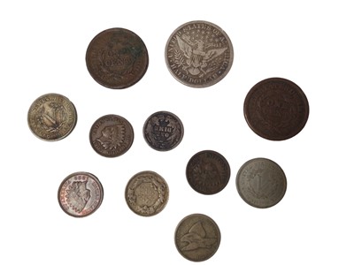 Lot 504 - U.S.- Mixed coinage to include copper Cents 1851 GF, 1852 GF-AVF, brass Flying Eagle Cents 1857 (N.B. Rev: Scratch) otherwise VG, 1858 Poor-Fair, nickel Liberty Head 5 Cents 1883 (N.B. Without Cent...