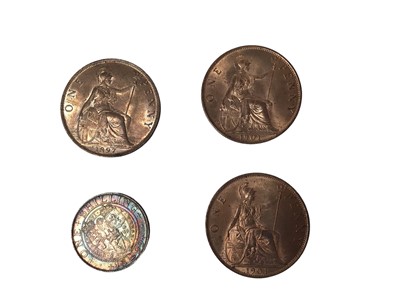 Lot 507 - G.B. - Mixed Victoria OH coinage to include silver Shilling 1899 dark toned GEF, bronze Pennies 1897 A. UNC & 1901 x 2 (N.B. One with discolouration to obv.) otherwise A. UNC (4 coins)