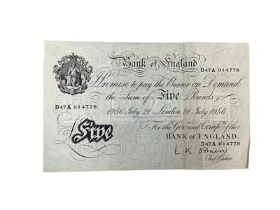 Lot 513 - G.B. - Bank of England white £5 note cashier L.K. O'Brien prefix D47A (N.B. Some creasing) otherwise GVF (1 banknote)