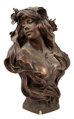 Lot 939 - Cherc for Goldscheider - Art Nouveau terracotta bust of a maiden, signed and with stamps to rear, 60cm high