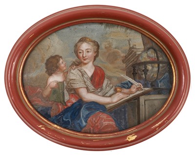 Lot 850 - 18th century reverse painting on glass, depicting Classical figures, oval, 14 x 19cm, framed