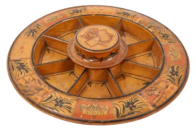 Lot 851 - Early 19th century turned treen boxwood Pope Joan card game, on revolving base, 28cm diameter