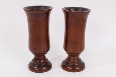 Lot 233 - Pair of antique turned yewwood treen candlesticks, 16cm high