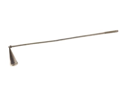 Lot 854 - Rare Georgian plated chandelier snuffer, reeded conical snuffer on tapering staff, 90cm long