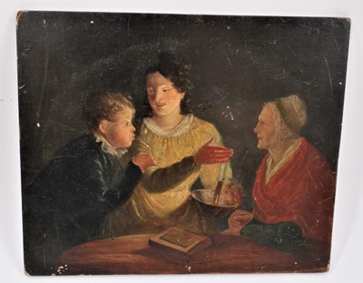 Lot 345 - English School, early 19th century oil on panel, interior with figures, 24 x 26cm