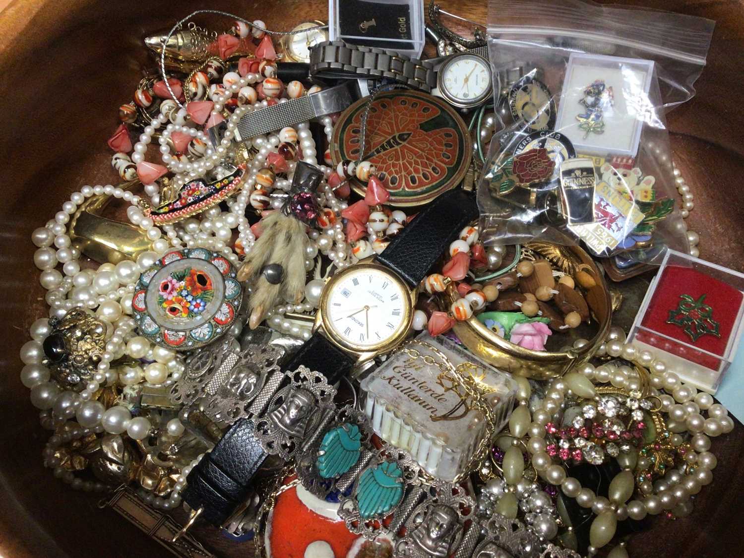 Lot 10 - Costume jewellery including simulated pearl necklaces, micro mosaic brooch, collection of enamelled pins, wristwatches and bijouterie