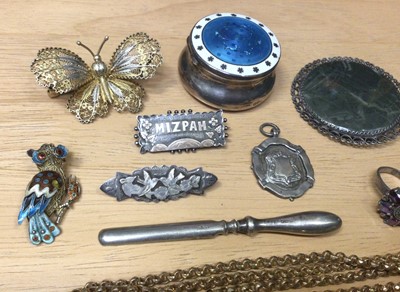 Lot 9 - Edwardian silver enamelled trinket box, two Victorian gold plated long guard chains, two silver gilt filigree brooches in the form of a butterfly and an enamelled owl,  other brooches, a silver fob...