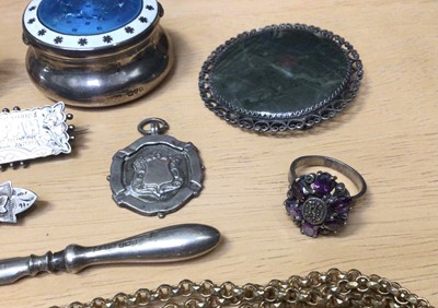 Lot 9 - Edwardian silver enamelled trinket box, two Victorian gold plated long guard chains, two silver gilt filigree brooches in the form of a butterfly and an enamelled owl,  other brooches, a silver fob...
