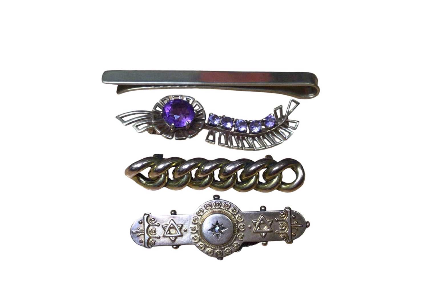 Lot 3 - Two Edwardian 9ct gold bar brooches, 9ct gold brooch set with purple gem stones and a 9ct gold tie clip