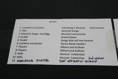 Lot 1423 - Cigarette cards collection in album of music related cards including Lambert & Butler interesting musical instruments, Edwards Ringer & Biggs musical instruments, Ruddell Ltd Grand Opera Series, So...