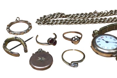 Lot 8 - 9ct gold cased wristwatch on plated expandable bracelet, 9ct gold rope twist chain, 9ct gold pendant mount, 9ct gold horseshoe brooch, 9ct gold back and front locket, two broken gold rings and a br...