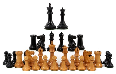 Lot 863 - Good antique boxwood chess set: J. Jaques & Son, Ltd., London 'The Staunton Chessmen', with weighted bases, 9cm high king, housed within a mahogany case with green baize lining