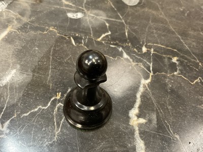 Lot 863 - Good antique boxwood chess set: J. Jaques & Son, Ltd., London 'The Staunton Chessmen', with weighted bases, 9cm high king, housed within a mahogany case with green baize lining