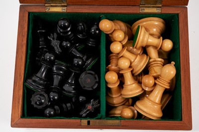 Lot 863 - Good antique boxwood chess set: J. Jaques & Son, Ltd., London 'The Staunton Chessmen', with weighted bases, 9cm high king, housed within a mahogany case with green baize lining