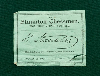 Lot 863 - Good antique boxwood chess set: J. Jaques & Son, Ltd., London 'The Staunton Chessmen', with weighted bases, 9cm high king, housed within a mahogany case with green baize lining