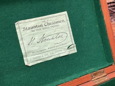 Lot 863 - Good antique boxwood chess set: J. Jaques & Son, Ltd., London 'The Staunton Chessmen', with weighted bases, 9cm high king, housed within a mahogany case with green baize lining