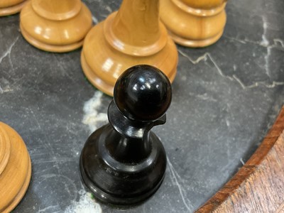 Lot 863 - Good antique boxwood chess set: J. Jaques & Son, Ltd., London 'The Staunton Chessmen', with weighted bases, 9cm high king, housed within a mahogany case with green baize lining