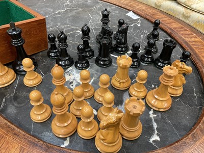Lot 863 - Good antique boxwood chess set: J. Jaques & Son, Ltd., London 'The Staunton Chessmen', with weighted bases, 9cm high king, housed within a mahogany case with green baize lining