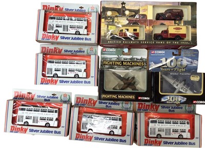 Lot 1805 - Diecast selection of boxed Dinky buses, cars, Corgi Aeroplanes, fighting machines etc. (Qty)