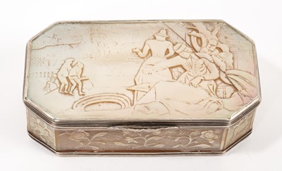 Lot 869 - 18th century Continental mother of pearl and silver snuff box, of canted rectangular form, the hinged cover carved in low relief with marine scene, 10cm wide