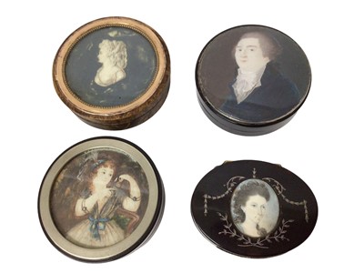 Lot 871 - George III tortoiseshell and metal mounted snuff box with inset painted ivory portrait miniature, of oval form, 8cm wide, together with three further Georgian snuff boxes