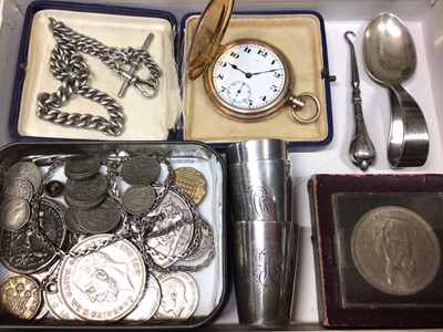 Lot 111 - Silver watch chain, silver christening spoon, three silver beakers, gold plated pocket watch