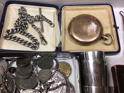Lot 111 - Silver watch chain, silver christening spoon, three silver beakers, gold plated pocket watch