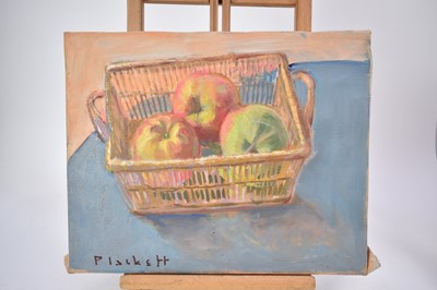 Lot 1101 - Joseph Plaskett (1918-2014) oil on canvas - still life, Apples in Basket, signed, titled verso, 33cm x 41cm, unframed
